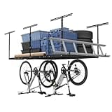 FLEXIMOUNTS 4x8 Overhead Metal Garage Storage Rack w/Hooks Adjustable Ceiling Storage Rack, 96" Length x 48" Width x 40" Height, 22''-40" Ceiling Dropdown, Black