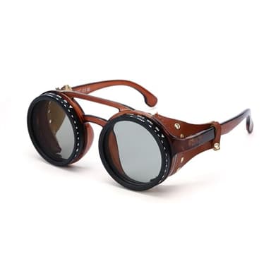 Adjustable Tint Sunglasses, 9-Level Manual Dimming, Polarized UV Protection, Detachable Leather Side Shields, Round Steampunk Style, Ideal for Hiking, Mountaineering, Glacier Travel, and Fishing