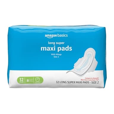 Amazon Basics Thick Maxi Pads with Flexi-Wings for Periods, Long Length, Super Absorbency, Unscented, Size 2, 32 Count, 1 Pack (Previously Solimo)