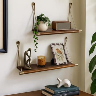 Afuly Mid Century Modern Decor Walnut Floating Shelves for Wall Mounted Shelf Unit Solid Wood Rustic Decorative Shelving Living Room Bedroom Coffee Bar Bathroom Display Plant Photo 24in&20in