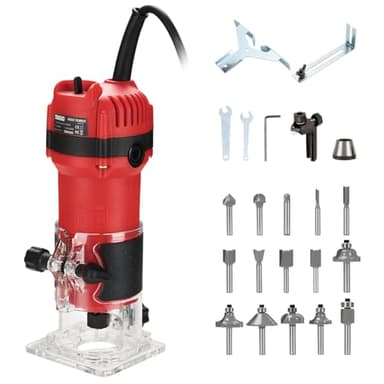 TEENO Wood Router, 6.5Amp 1.25HP Wood Routers for Woodworking, 800W Hand Wood Router Tool, 31000R/MIN Compact Edge Trimmer with 15 1/4" Router Bit Set