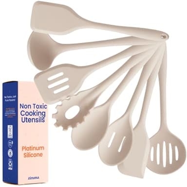 Non-Toxic Platinum Silicone Kitchen Utensil Set of 8 – Non-Scratch Cooking Spoons & Spatulas, 100% Plastic Free, Stainless Steel Core, Heat Resistant 500°F, Beige