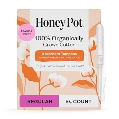 The Honey Pot Company - Regular Absorbency - 100% Organic Cotton Core Tampons w/Bio Plastic Applicator - Feminine Care – Unscented - 54 Count (3 Packs of 18)