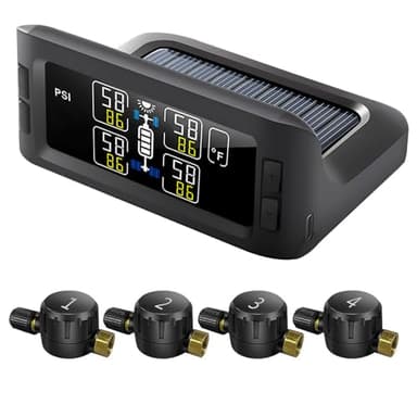 B-Qtech Solar Tire Pressure Monitoring System w/4 Flow Thru Sensors, Wireless TPMS for Car/Truck/RV/Trailer/Camper, 7 Alert Modes Real Time Pressure/Temperature Smart Monitoring(0-199 PSI)
