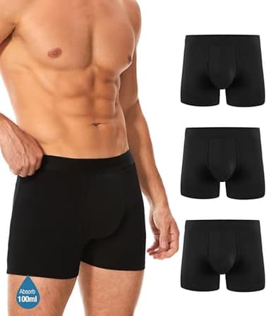 YESWEL Men's Incontinence Underwear, Leak Proof Washable Reusable Cotton Boxer Brief, Heavy Flow Bladder Leak 3 Pack (Black, Large)