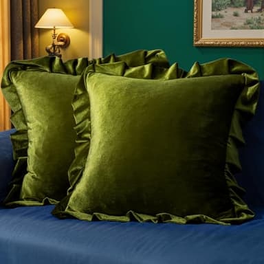 MIULEE Velvet Ruffle Throw Pillow Covers Soft Luxurious Olive Green Pack of 2 20x20 Inch Square Cushions Vintage Gothic Spring Decorative Pillows Home Decor for Sofa Couch Bedroom Chair