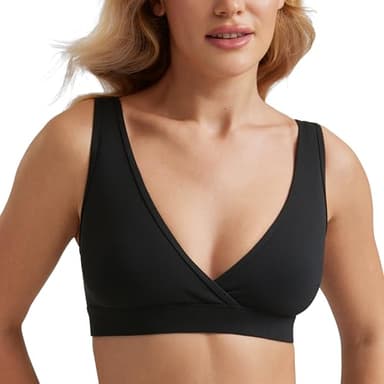 CRZ YOGA Butterluxe Maternity V Neck Nursing Bras - Wireless Sleep Breastfeeding Lounge Womens Pregnancy Bralette Comfy Black Medium