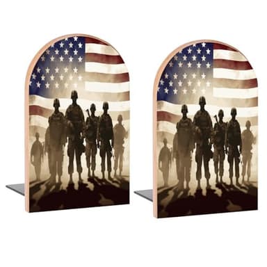 Soldiers American Flag Book Ends Decorative Wood Bookends for Shelves Kids Room Desk Home Office Book Stoppers for Magazines,Books, DVDs, 1 Pair/2 Pieces(5x3.1 in)