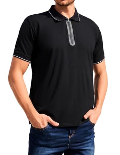 LEADHALO Merino Wool Polo Shirts for Men for Work Sport, Lightweight Breathable Moisture Wicking Zipper Men Polo Shirt Short Sleeve Black L