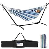 EVLIQUIL Double Hammock with Stand Included 450lb Capacity Space Saving Steel Stand,Premium Carry Bag Included,Suit for Outside,Indoor,Yard,Camping(Ocean).