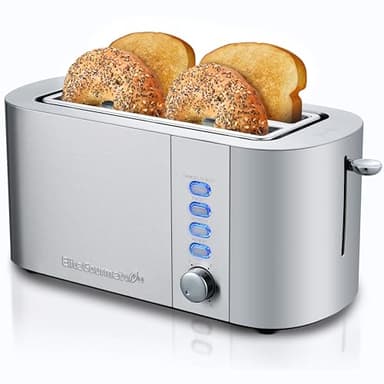 Elite Gourmet ECT4123X Long Slot 4 Slice Toaster, Extra Wide 1.5" and 5.1" Deep Slots, Bagel, Defrost & Cancel Functions, 6 Toast Shade Settings, Fits Bagels, Waffles, Artisan Breads, Stainless Steel