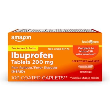 Amazon Basic Care Ibuprofen Tablets, 200 mg, Pain Reliever/Fever Reducer for Headache, Backache, Menstrual Pain and Body Aches, 100 Count