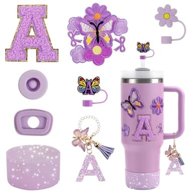15PCS Cup Accessories Set for Stanley Cup 30oz 40oz, Water Bottle Accessories for Stanley, Including Silicone Straw Cover Cap and Boot, Spill Proof Stopper, Handle Charm, Purple Sticker Letter A