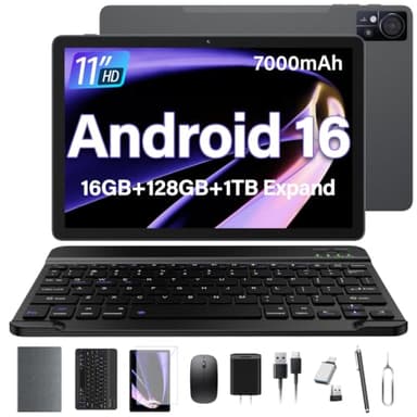 11 Inch-Android 16 Tablet 2026 Latest Update 16GB RAM 128GB ROM 1TB Expandion 5G WiFi Cellular 21MP Dual Camera Octa-core MTK8786.Gemini AI 2.0.Tablets with Keyboard,Mouse,protective film,Case-Gray