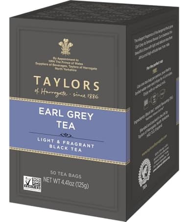 Taylors of Harrogate Earl Grey, Black Tea, Pillow Bags, 50 Count (Pack of 1), Fragrant, Delicate & Light, Caffeinated, Enjoy Hot or Iced, 50 Teabags