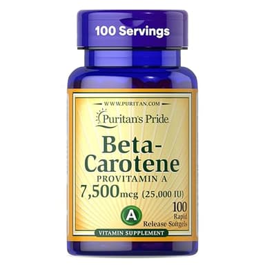 Puritan's Pride Beta Carotene Provitamin A 7,500mcg (25,000 IU), Vitamin Supplement for Immune System, Antioxidant and Eye Health Support, 100 Day Supply, 100 Rapid Release Softgels
