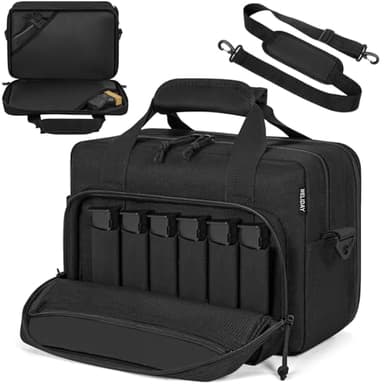 WELIDAY Tactical Gun Range Bag, Pistol Carrying Bag for 2 Handguns and Ammo, Firearm Shooting Case with 6 Magazine Slots and Lockable Zipper for Shooting Range & Outdoor Hunting