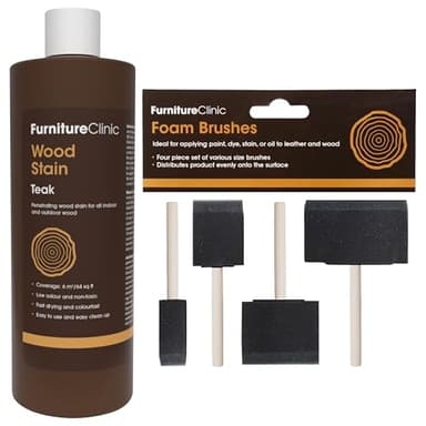 Furniture Clinic 17oz Teak Wood Stain + 4 Pack Foam Brushes | Water Based | Fast Drying, Low Odor, & Non-Toxic | for Indoor & Outdoor Furniture and More