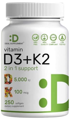 DEAL SUPPLEMENT Vitamin D3 5,000 IU + K2 MK7 Softgels, 250 Count | 2-in-1 Complex | Easy to Swallow