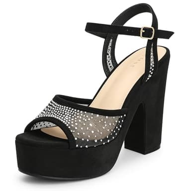 Perphy Rhinestone Platform Heels Block Chunky High Heel Open Toe Dress Pumps Black Sandals 7 M US