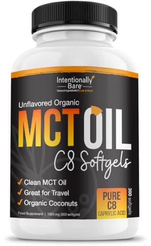 Intentionally Bare Organic Pure C8 MCT Oil Capsules – 99.2% C8, .8% C10 MCT Oil Pills–Sustained Energy, Mood & Focus – from 100% Pure Organic Coconuts - Easy to Swallow and Travel - 300 Soft Gels