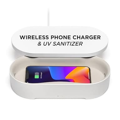 Lexon UV Phone Sanitizer Machine & Wireless Charger - OBLIO Box QI Fast Charging and 360° UV-C Light Cellphone Cleaner, Glasses, Keys, Makeup Brush, Tools, All That Fits in - White