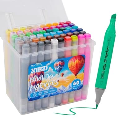 XIEED 60 Colors Markers, Alcohol Markers, Chisel & Brush Tip Coloring Markers Set, Double Tipped Markers Set for Artist Adults Coloring, Sketching or Drawing