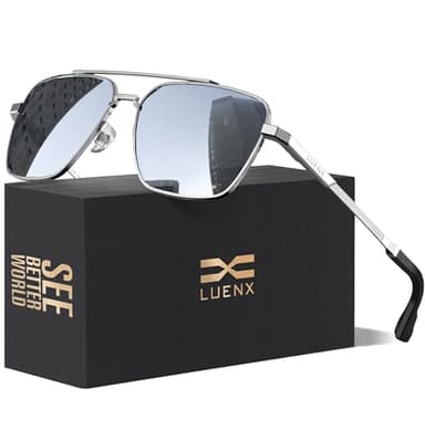 LUENX Aviator Sunglasses for Men Women， Square Polarized Polygon Mirror Silver Lens Silver Metal Frame 58MM