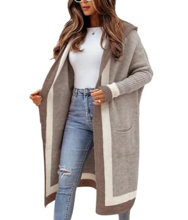 chouyatou Women's Color Block Vertical Striped Open Front Oversized Hooded Long Cardigan Sweaters with Pockets (XX-Large, Apricot Khaki)