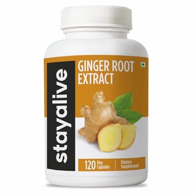 STAY ALIVE Pure Ginger Root Capsules 1000mg, 10:1 Extract Powder with 5% Gingerols, 120 Pills, Extra Strength Root Powder, Vegan, Non-GMO and Gluten-Free Ginger Supplement