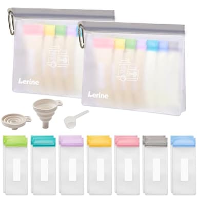 Lerine Reusable Protein Powder Container To Go, Protein Powder Travel Container Set, 14Pcs Single Dose Bags & 2Pcs Large Zip Bags, Portable Supplement Storage Containers with Funnel, Spoon