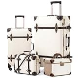 urecity Vintage Luggage Sets of 3 Piece - Hardside Lightweight Spinner Suitcases - Retro Travel Set includes Under Seat Train Case, Cosmetic Train Case, Holy White