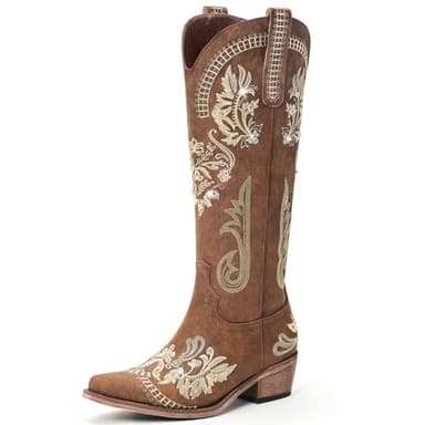 Lumeheel Brown Cowboy Boots for Women - Sparkly Rhinestone Retro Country Boots with Classic Embroidered, Pointed Toe Chunky Heel Pull on Vintage Tall Boots Size 8