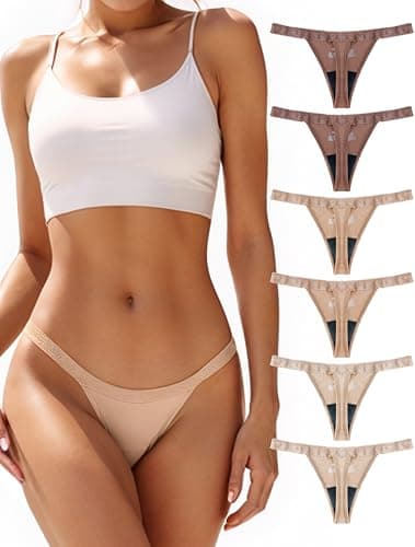 TIICHOO Period Underwear for Women Thong Soft Lace Thong Period Panties Light Flow Menstrual Underwear 6 Pack(Medium, 2 Brown/2 Sand/2 khaki)