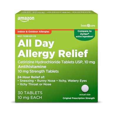 Amazon Basic Care All Day Allergy, Cetirizine Hydrochloride Tablets, 10 mg, 24-Hour Relief for Sneezing, Runny Nose, Itchy Eyes & Throat, Indoor & Outdoor Allergy Relief, 30 Count (Packaging may vary)