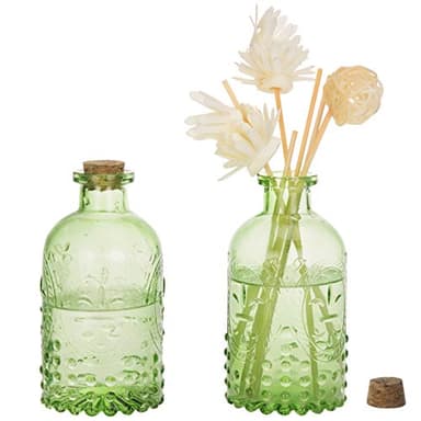 MyGift Vintage Embossed Green Glass Small Reed Diffuser Bottle with Cork Lid, Decorative Flower Bud Vase, Set of 2
