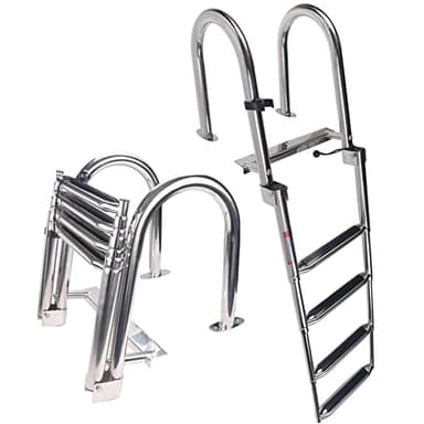 Stainless Steel in-Board 4-Steps Ladder Welded Reinforce Folding Docking Ladder, Folding Telescoping Rear Entry Inboard Ladder