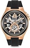 Bulova Men's Classic Maquina Rose Gold Stainless Steel 3-Hand Automatic Watch with Black Silicone Strap, Skeleton Dial Style: 98A177