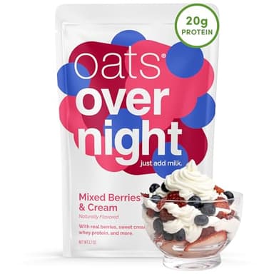 Oats Overnight Mixed Berries & Cream - Overnight Oats with 20g Protein, High Fiber Breakfast Protein Shake - Gluten Free Oatmeal, Non GMO High Protein Oatmeal (2.8 oz per meal) (8 Pack)