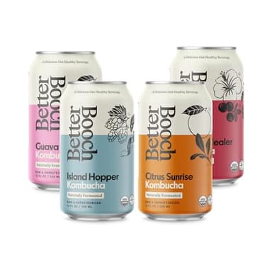 Better Booch Organic Kombucha - Probiotic & Antioxidant Rich Raw Sparkling Tea - Low Sugar, Vegan, Gluten Free - Gut Healthy Active Cultures, 12 Fl Oz Cans, 12-Pack (Tropical Variety Pack)