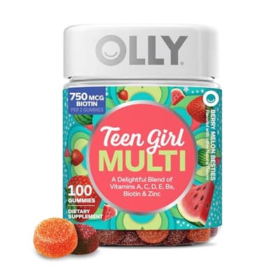 OLLY Teen Girl Multi Gummy, Healthy Skin and Immune Support*, Essential Vitamins, Biotin, Zinc, Chewable Multivitamin, Strawberry Melon Flavored, 50 Day Supply - 100 Count