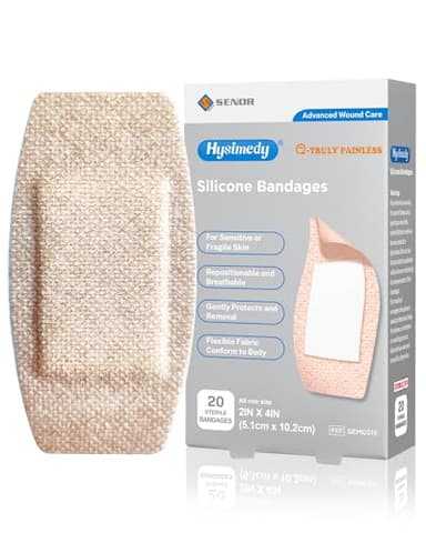 Hysimedy Silicone Adhesive Bandages Large Sizes for Sensitive Fragile Skin 2"x4" 20 Count Flexible Fabric Latex Free Hypoallergenic Breathable XL Bandages for Adhesive Allergy Wounds