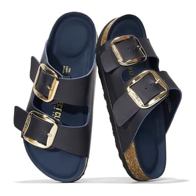 Project Cloud Genuine Leather Flat Sandals for Women 2026 Comfortable Beach Essentials Womens Sandals Memory Foam Vacation Essentials Slides for Women Footwear (Santorini, NAVY,8)