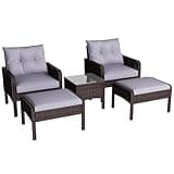 U-MAX Outdoor 5 Pieces Patio Furniture Set, PE Rattan Wicker Chairs with Ottoman and Table, Bistro Set for Front Porch, Garden, Backyard, Balcony, Brown/Grey