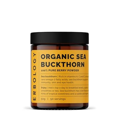 Erbology Organic Sea Buckthorn Powder 1.8 oz - 50 Servings - Skin Health and Immunity Support - Rich in Omega-7 (6.5%), Vitamin C and Vitamin A - Seeds Removed, More Concentrated - Vegan - GMO-Free