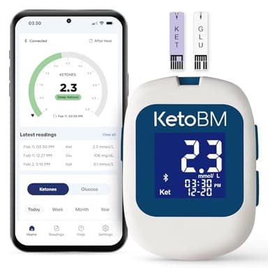 KetoBM Blood Ketone & Glucose Meter with Dedicated Bluetooth App | Complete Starter Kit Includes 10 Ketone Strips, 10 Glucose Strips, 20 Lancets