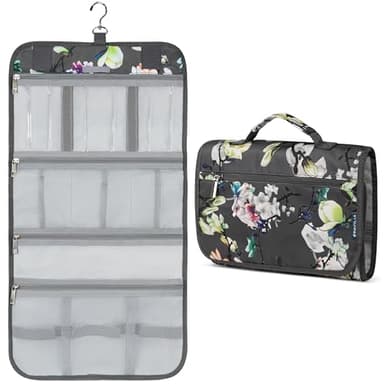 PAVILIA Hanging Toiletry Bag Women Men, Travel Kit Foldable Large Toiletries Organizer, Roll up Cosmetics Makeup Bag Accessories, Waterproof Essentials Jewelry Case (Floral Grey)