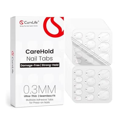 Curvlife CareHold Nail Adhesive Tabs for Press On Nails – 20 Sheets, 12 Sizes Strong Hold 0.3mm Ultra Thin Nail Glue Stickers Waterproof Breathable Double Sided Sticky Tabs, Gentle Removal