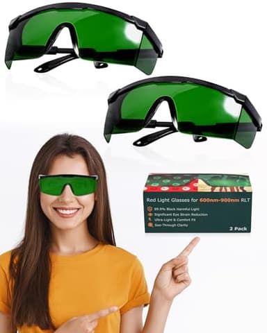 LIGHTMEUP Red Light Therapy Glasses Eye Protection for Infrared & LED Sessions Deep Green Goggles with 200-2000nm Harmful Wavelength Blocking, Maintain Visibility Full-Coverage Adjustable Leg 2 Pairs