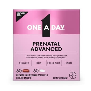 One A Day Prenatal Advanced- Prenatal Vitamins with Folic Acid, Choline, DHA & Iron, Pregnancy Vitamins for Women to Support Baby’s Development, 60+60 Ct (120 Total Set) (Packaging May Vary)